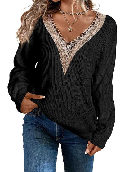 Stunncal Sexy Lace V-Neck Drop Shoulder Sweater