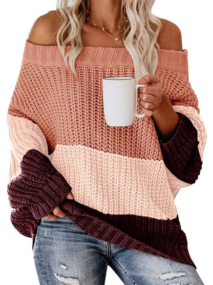 Stunncal One-line Collar Loose Patchwork Color Sweater
