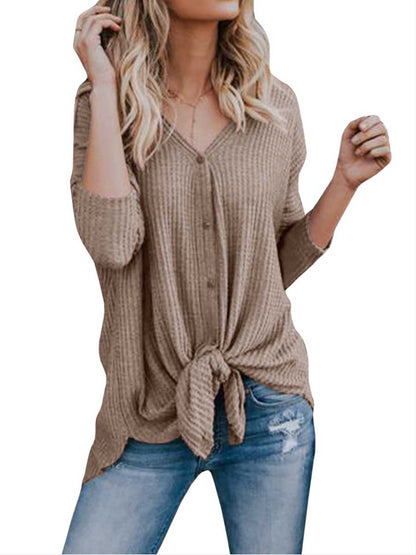 Stunncal Long Sleeve V-Neck Cardigan T-Shirt Bottom Shirt