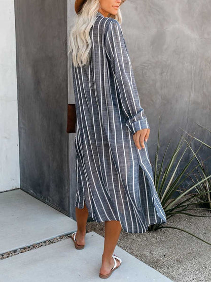 Stunncal Long Sleeve Knee Length Lapel Striped Shirt