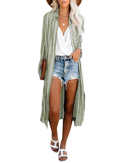 Stunncal Long Sleeve Knee Length Lapel Striped Shirt