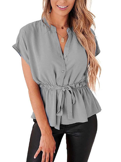 Stunncal V-Neck Drawstring Belt Chiffon Bat Shirt