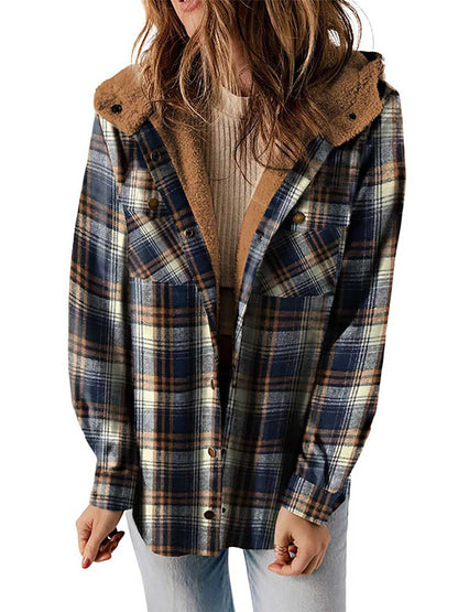 Stunncal Plaid Long Sleeve Shirt Hooded Thickened Jacket