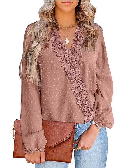 Stunncal Chiffon Casual Lace Blouse V-Neck Top