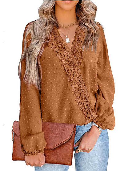 Stunncal Chiffon Casual Lace Blouse V-Neck Top