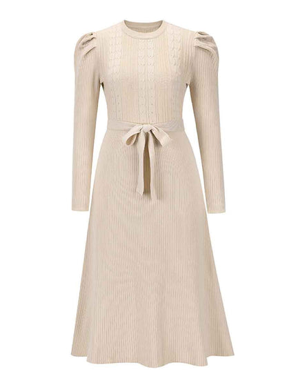 Stunncal Bubble Sleeve Belt Knit Dress (5 colors)