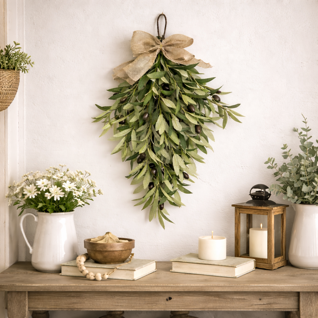 Artificial Olive Swag with Greenery Leaves and Burlap Bow