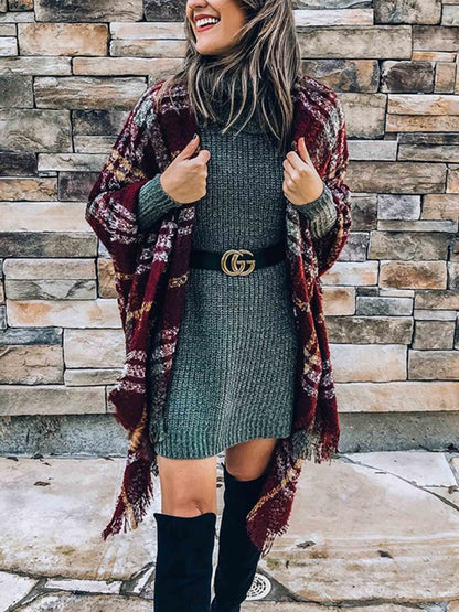 Stunncal Plaid Fringed Knit Shawl Coat