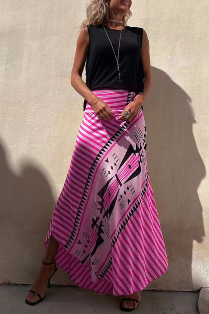 Stunncal Eva Satin Geometric Print Elastic Waist Maxi Skirt