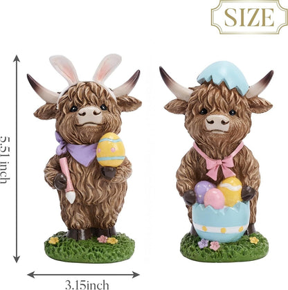 Easter Highland Cow Set with Bunny Ears on Base