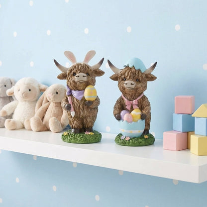Easter Highland Cow Set with Bunny Ears on Base