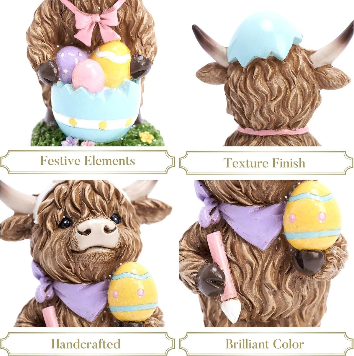 Easter Highland Cow Set with Bunny Ears on Base