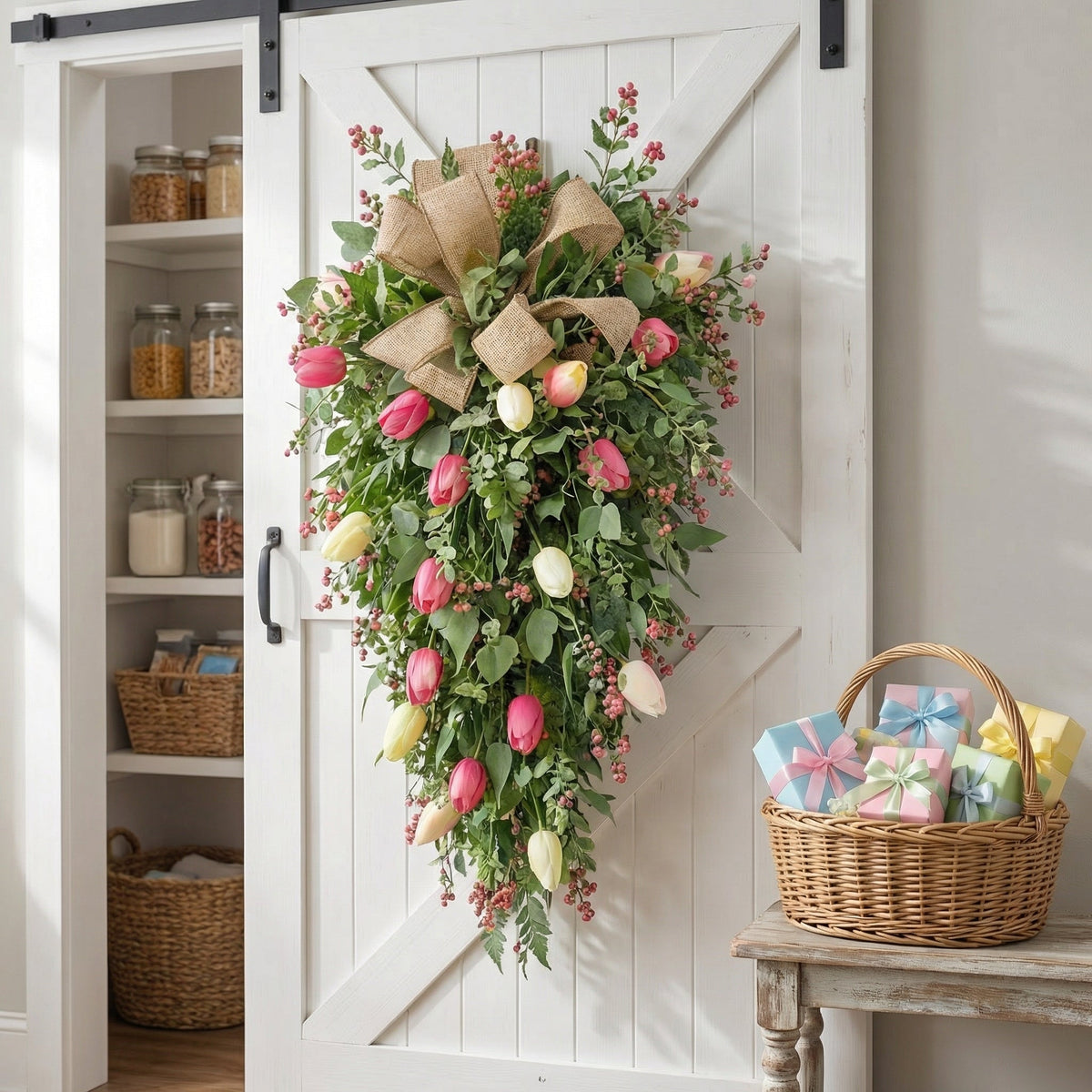 Artificial Tulip Door Swag with Greenery Leaves and Burlap Bow