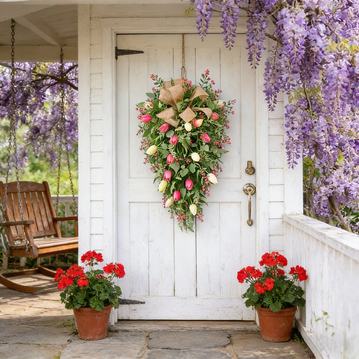 Artificial Tulip Door Swag with Greenery Leaves and Burlap Bow