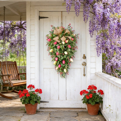 Artificial Tulip Door Swag with Greenery Leaves and Burlap Bow