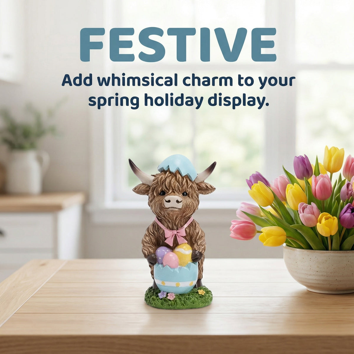 Easter Highland Cow Set with Bunny Ears on Base
